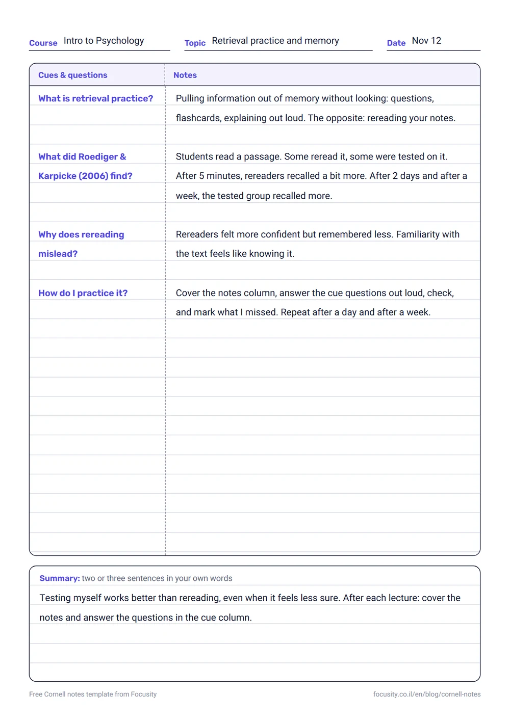 A sample Cornell notes page in English: a cue column on the left with four questions about retrieval practice, a wide notes column with short answers from the lecture, and a summary box at the bottom