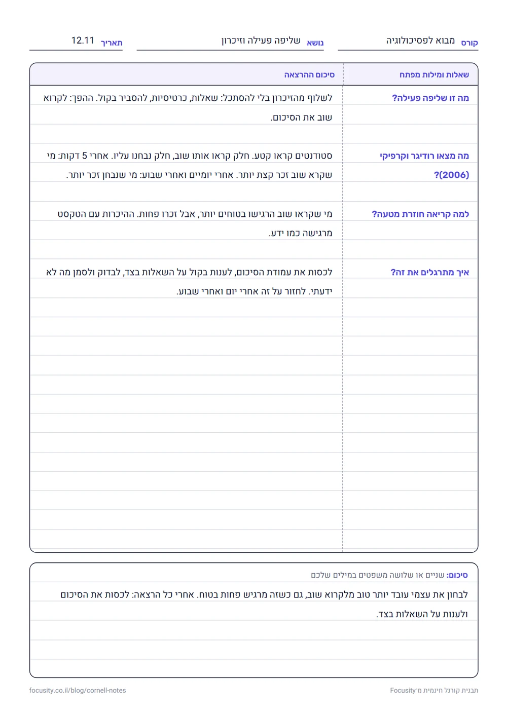 דף קורנל לדוגמה בעברית: עמודת שאלות בצד ימין עם ארבע שאלות על שליפה פעילה, עמודת סיכום רחבה עם תשובות קצרות מההרצאה, ומסגרת סיכום בתחתית הדף