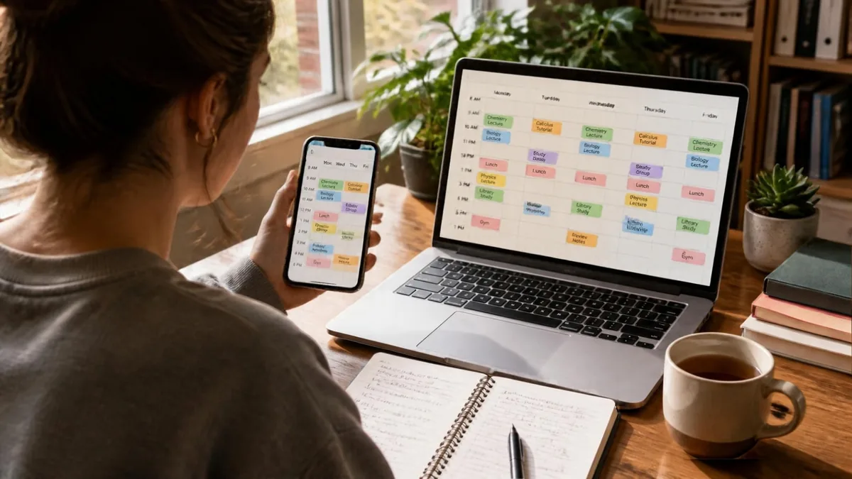 סטודנטית ליד שולחן עץ מחזיקה טלפון עם יומן שבועי צבעוני של זמני לימוד, ולידה מחשב נייד עם אותו תכנון, מחברת וכוס תה