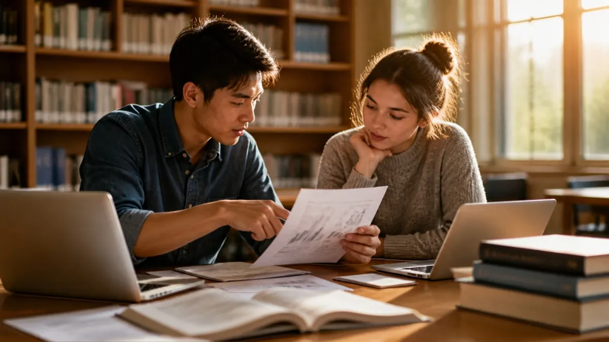 Two students at a library table discussing printed charts, one pointing at a bar chart