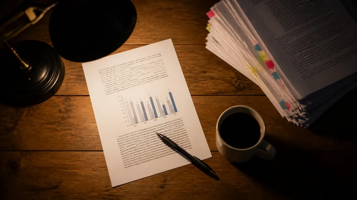 Overhead view of a wooden desk at night: a printed page with a bar chart and a pen, a stack of articles with colored sticky notes, a mug of coffee and a desk lamp