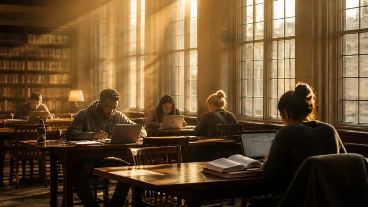 A quiet university library in late-afternoon light, students working at long tables with laptops and books