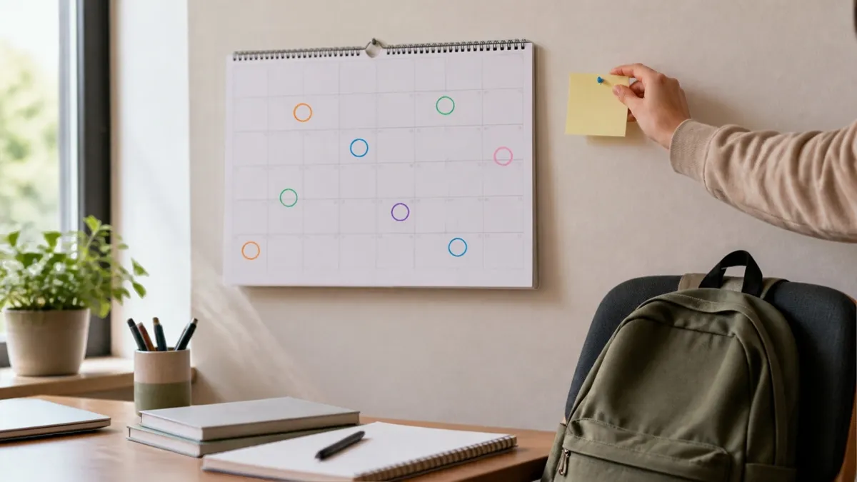 A wall calendar with several days circled in coloured marker, and a hand pinning up a sticky note