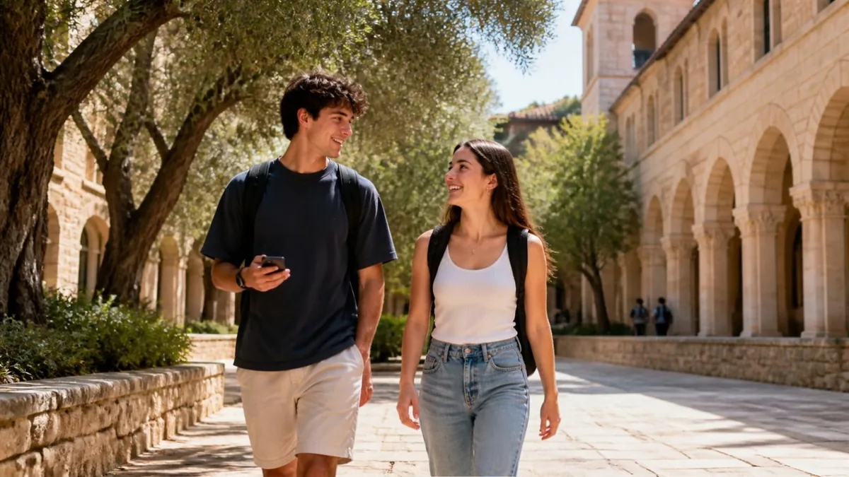 שני סטודנטים הולכים בחצר של קמפוס שטוף שמש בשבוע הראשון של הסמסטר, אחד מהם מסתכל בטלפון