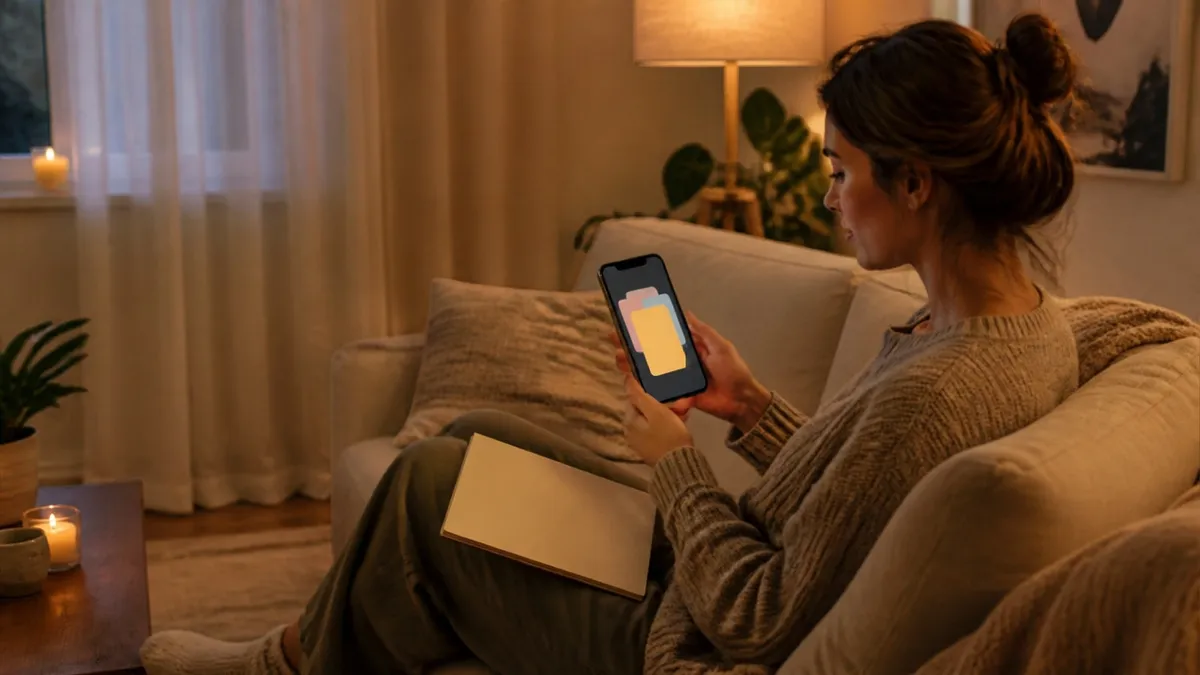 A student on a sofa reviewing flashcards on her phone, with a notebook on her lap