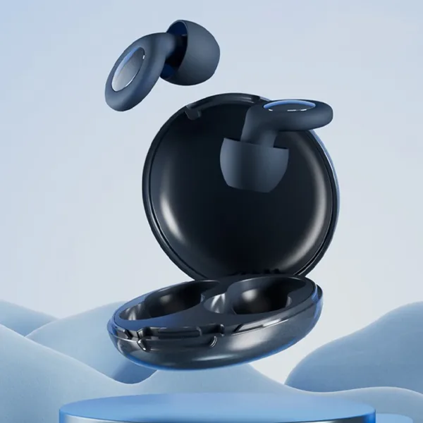 Black silicone earplugs inside a round carrying case