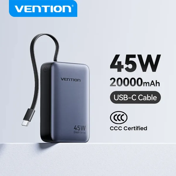 Gray Vention power bank with a built-in USB-C cable