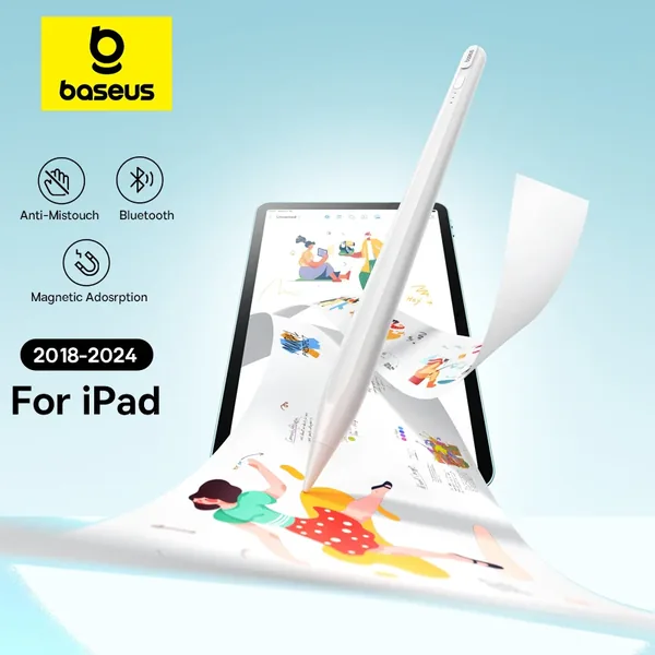White Baseus stylus next to an iPad with hand-drawn sketches