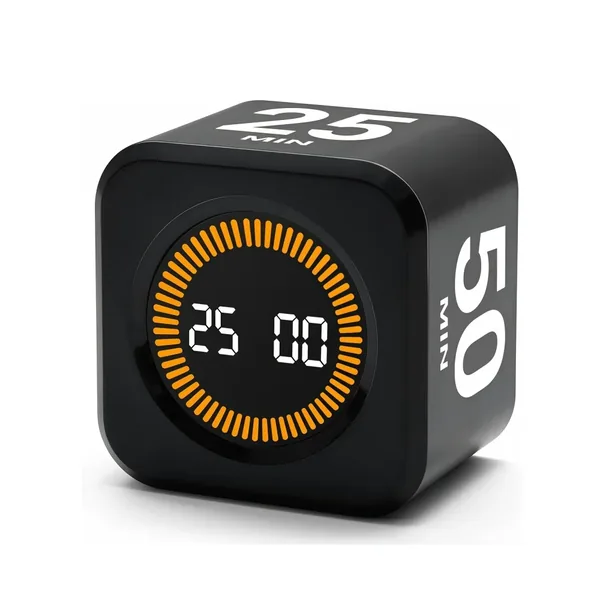 Black cube with a digital LED timer display