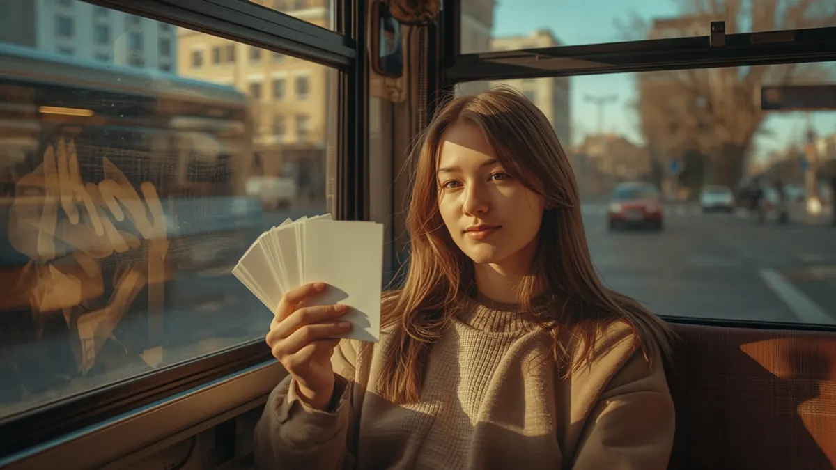 A student on a city bus reviewing a stack of paper study cards by the window