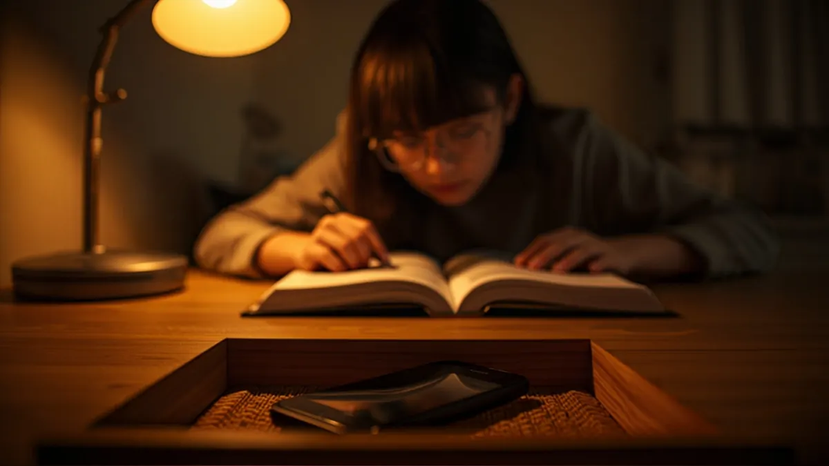 A student studying at a desk under a lamp, with a phone put away face down in an open drawer in the foreground
