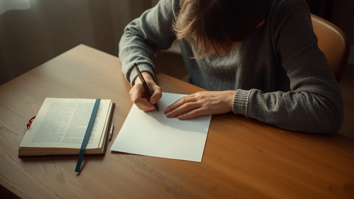A student writing from memory on a blank sheet of paper at a wooden desk, a book set aside