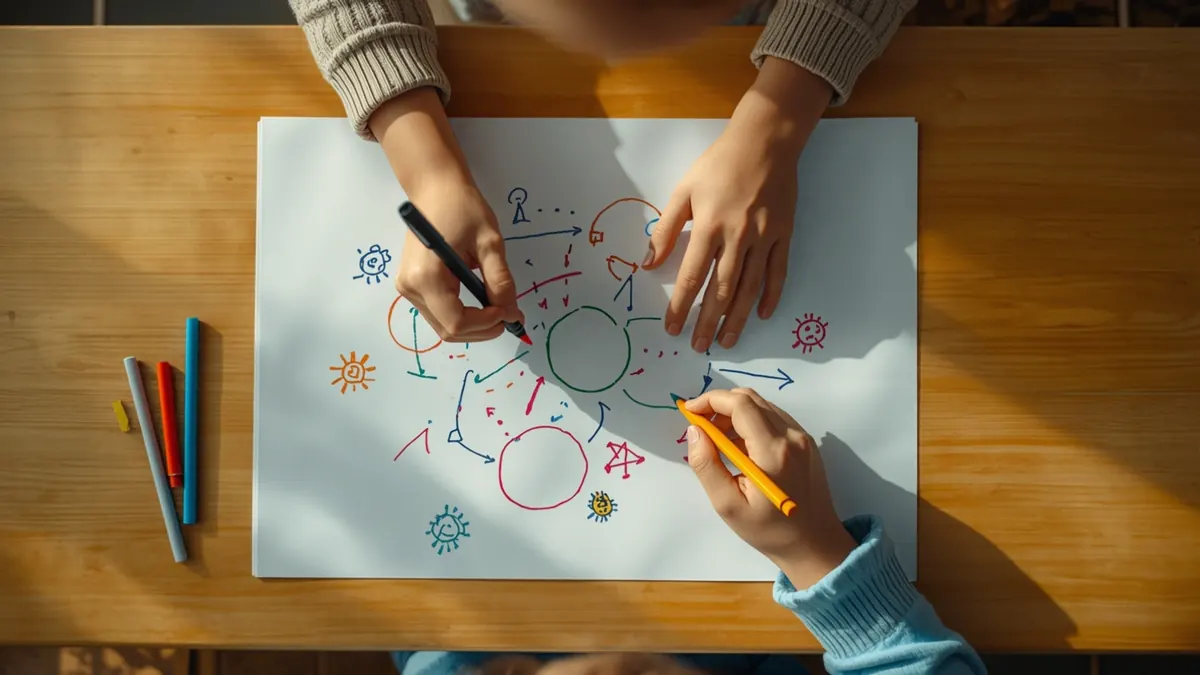Top-down view of a student's hands drawing a diagram of circles and arrows with colored pens