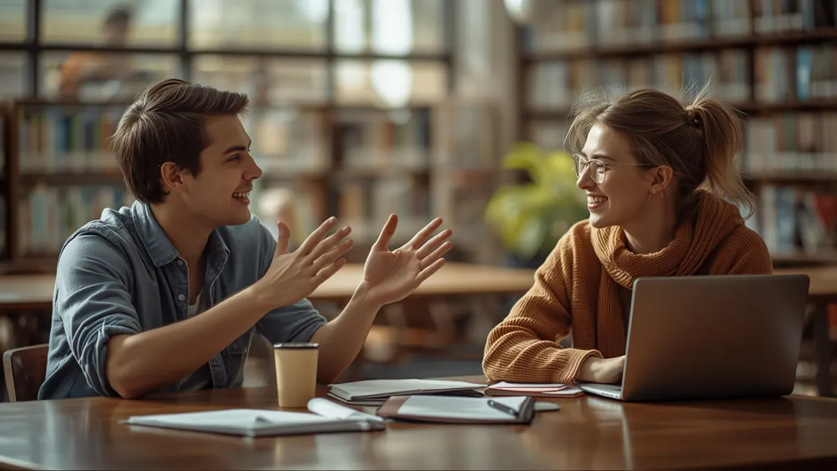 Two students in a library, one explaining a concept with his hands while the other listens