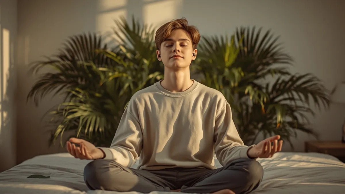 A student sitting cross-legged on a bed with earbuds in, eyes closed, doing a guided breathing exercise