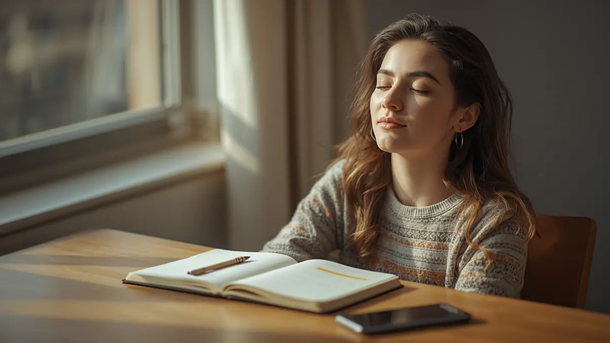 A student at a wooden desk with eyes closed, taking a slow calming breath before studying