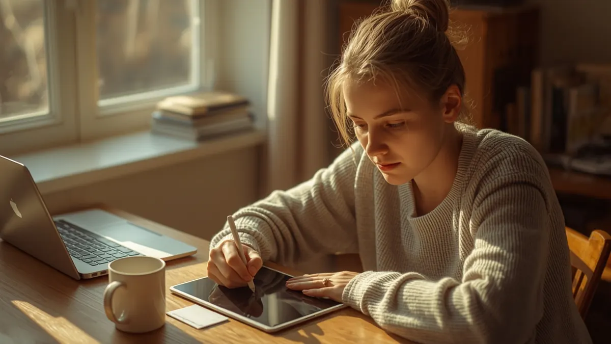 A student writing notes on a tablet with a stylus at a sunlit desk, a laptop and a mug beside her