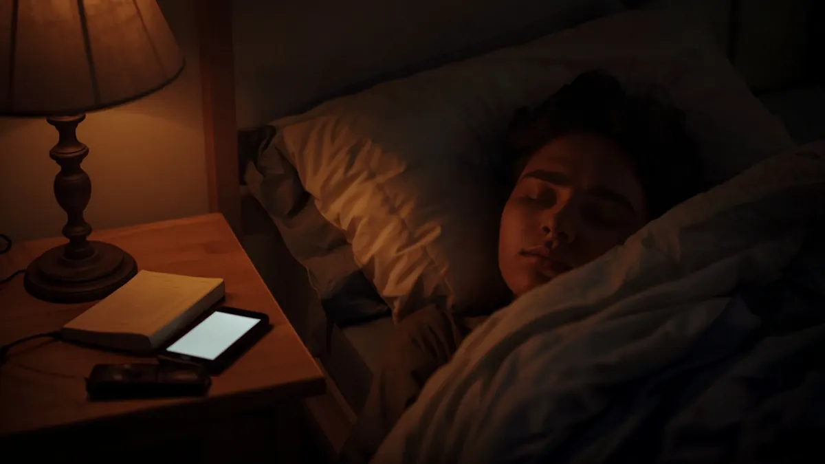 A student asleep in a dim bedroom the night before an exam, a phone glowing softly on the nightstand beside a closed book