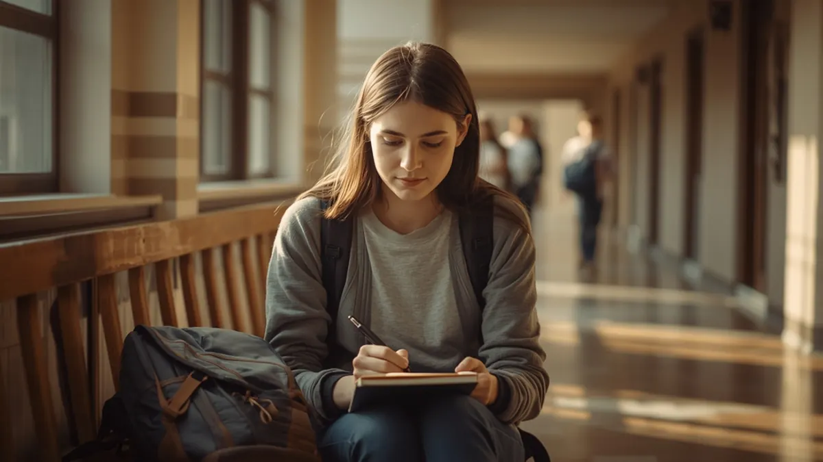 A student sitting on a bench in a sunny university hallway, writing in a small notebook before an exam