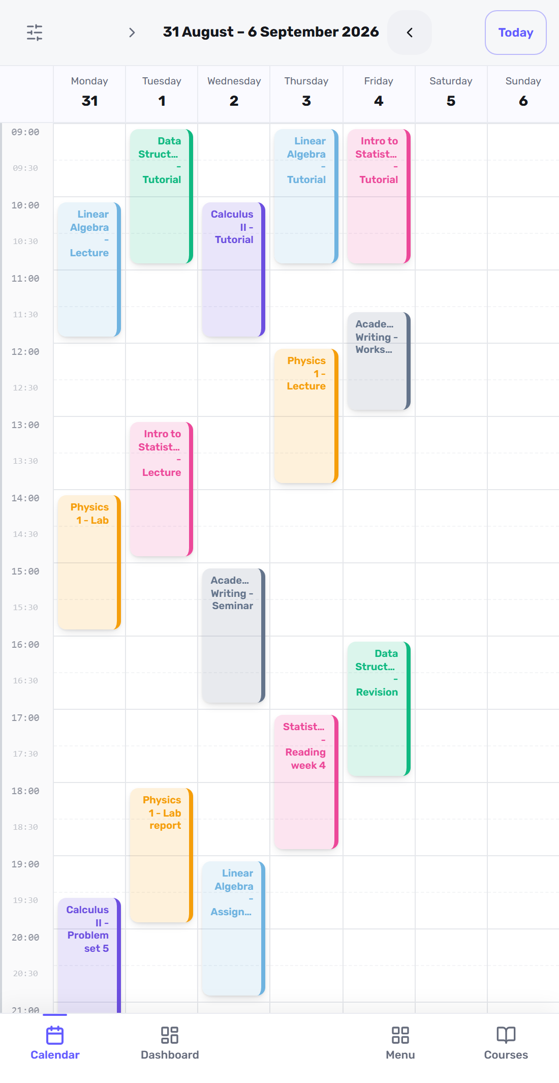 The weekly calendar in Focusity, with assignments and classes arranged automatically around the free time in each day