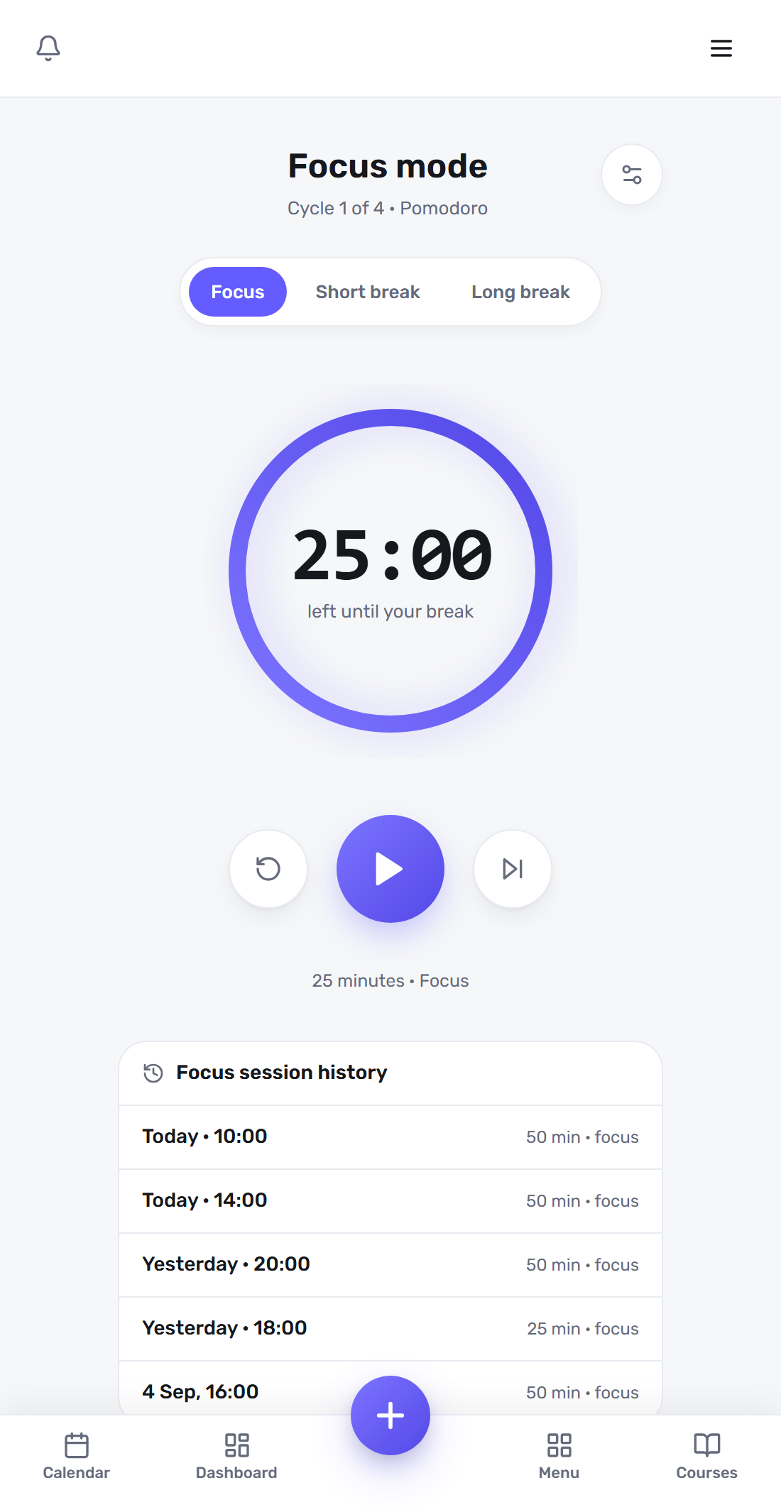 Focus mode in Focusity, with a 25-minute Pomodoro timer and a cycle counter