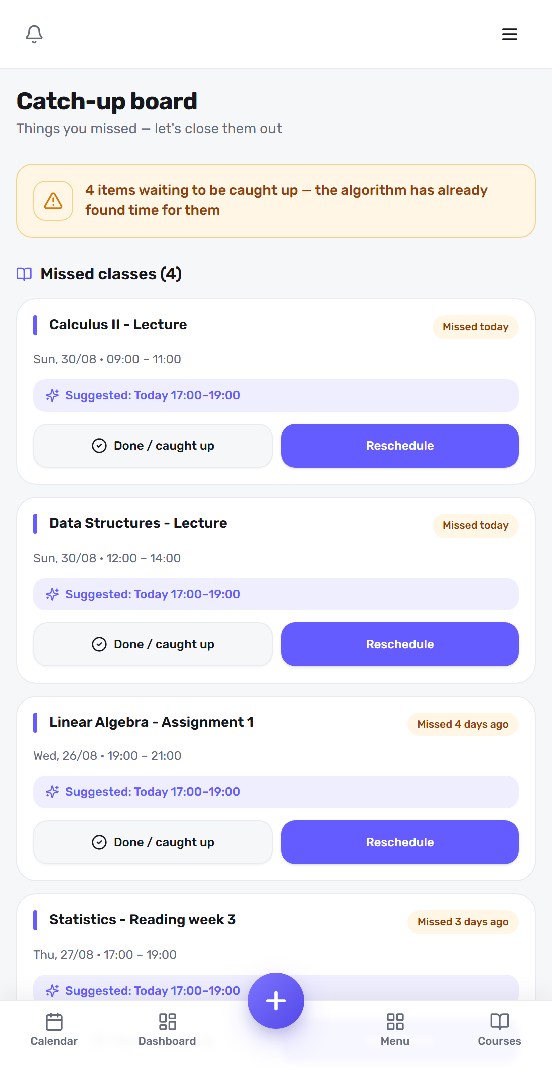 The catch-up board in Focusity, listing missed items with a suggested free slot for each one