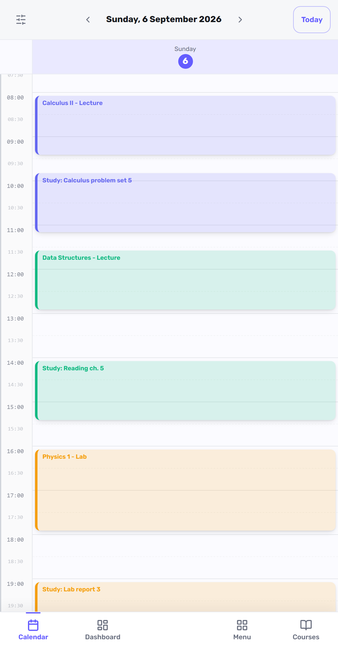 The day view in Focusity: a study block scheduled automatically between two lectures